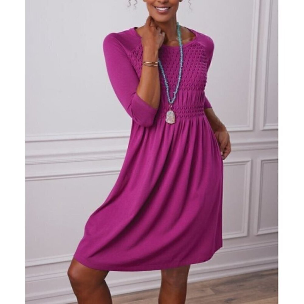 Soft Surroundings Dress Womens Medium Purple Sylvie Smocked Knit Stretchy Boho